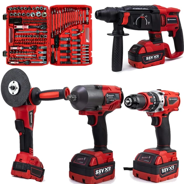 Prohummer PH307 Yeni Kırmızı Akülü 4lü Set Makine ve 216 Parça Tamirci Seti - 1100Nm Somun Sökme, Kırıcı Delici, Avuç Taşlama, Vidalama Matkap + 216 Parça Tamirci Seti ürün görseli 1
