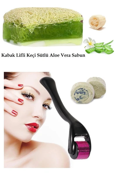 3lü Set Tüm Cilt Temizleme Bakım Taşı Aloe Vera Keçi Sütlü Lifli Sabun Cilt Yenileme Dermaroller ürün görseli 1