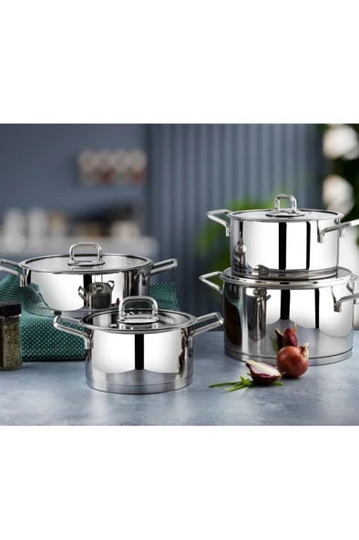 Lines Silver Çelik Tencere Seti 8 Parça Metal Kulp ürün görseli 1