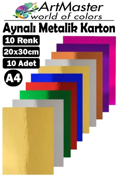 Aynalı Metalik Fon Kartonu 20x30 cm 10 Renk 1 Paket Dekoratif Pırıltılı Folyo Kağıt Okul Sınıf Renkli ürün görseli 1