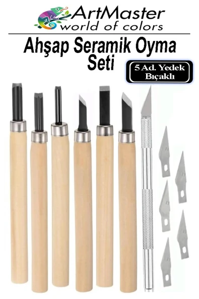 Seramik Oyma Seti Ahşap 6 lı Kretuar 1 Paket Paslanmaz Çelik Bıçaklı İskarpela Seti Hobi Heykel Ağaç Oyma Kretuar Gravür ürün görseli 1