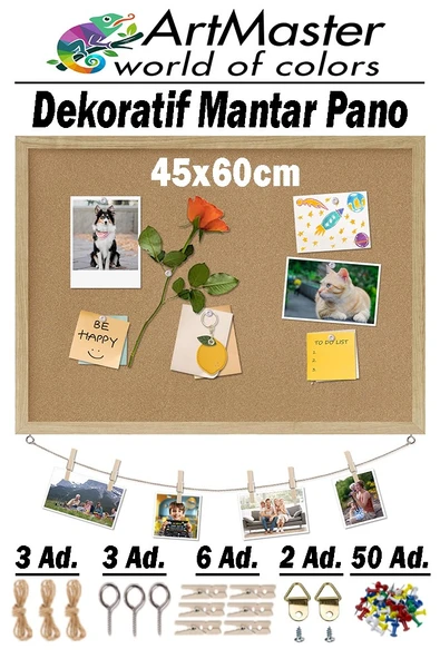 Mantar Pano Ahşap Çerçeve Duvara Monte 45x60 cm 1 Adet Harita Çivisi Hediyeli Dekorasyon Mantar Çerçeve Evde Okulda Büro ürün görseli 1