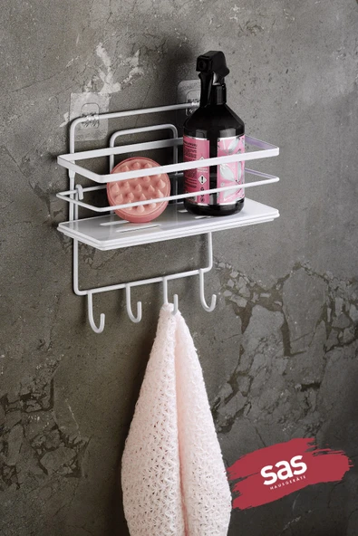 4 Kancalı Yapışkanlı Ayarlanabilir Banyo Duş Rafı – Paslanmaz Kristal Şampuanlık (Yapıştır/Vidala) Beyaz - LŞ-01 - BBBK ürün görseli 1