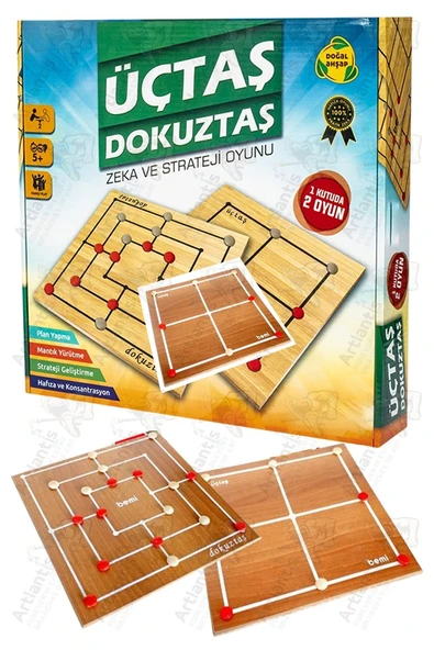 Üç Taş ve Dokuz Taş Oyunu Ahşap Tabla 1 Paket Üçtaş ve Dokuztaş Zeka ve Strateji Kutu Oyunu ürün görseli 1