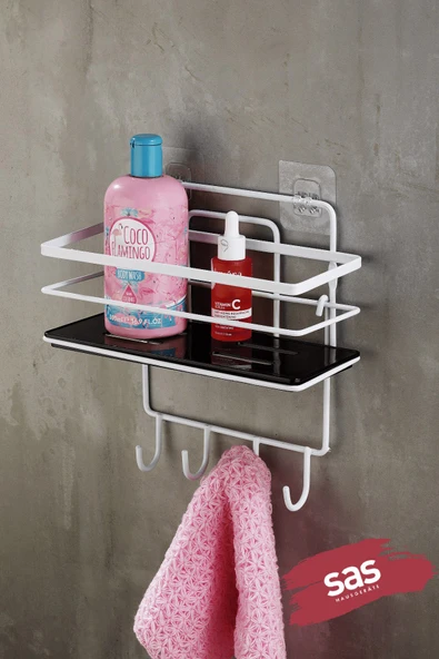 4 Kancalı Yapışkanlı Ayarlanabilir Banyo Duş Rafı – Paslanmaz Kristal Şampuanlık (Yapıştır/Vidala) Beyaz-Siyah - LŞ-01 - BSBK ürün görseli 1