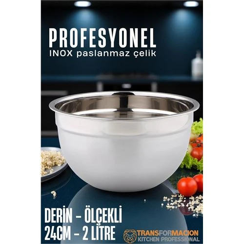 Inox Ölçekli Derin Kase  - 24 Cm 2 Litre Karıştırma Kabı Profesyonel 304 Paslanmaz Çelik ürün görseli 1