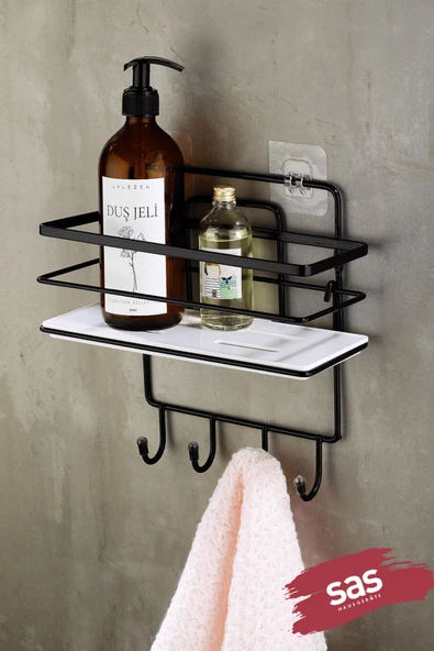 4 Kancalı Yapışkanlı Ayarlanabilir Banyo Duş Rafı – Paslanmaz Kristal Şampuanlık (Yapıştır/Vidala) Siyah-Beyaz - LŞ-01 - SBSK ürün görseli 1