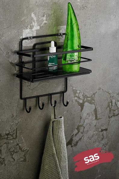 4 Kancalı Yapışkanlı Ayarlanabilir Banyo Duş Rafı – Paslanmaz Kristal Şampuanlık (Yapıştır/Vidala) Siyah - LŞ-01 - SSSK ürün görseli 1