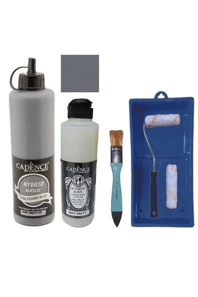Mobilya Boyası-Cadence Multisurface H-081 Grafiti Gri 500Ml Ultimate Vernik Mat 250Ml Saten Rulo Set ürün görseli 1