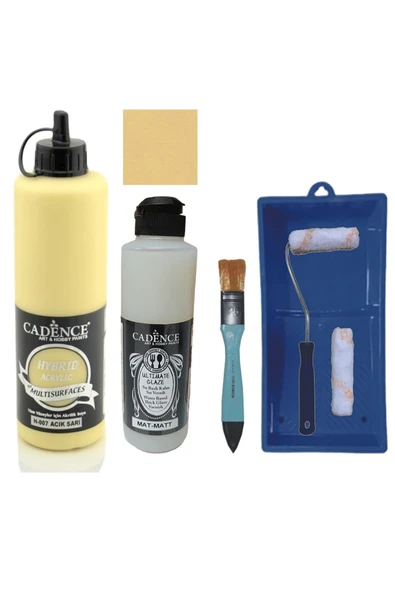 Mobilya Boyası-Cadence Multisurface H-007 Açık Sarı 500Ml Ultimate Vernik Mat 250Ml Saten Rulo Set ürün görseli 1