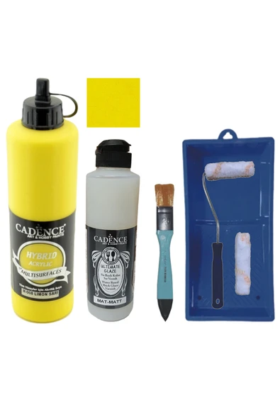 Mobilya Boyası-Cadence Multisurface H-008 Limon Sarı 500Ml Ultimate Vernik Mat 250Ml Saten Rulo Set ürün görseli 1