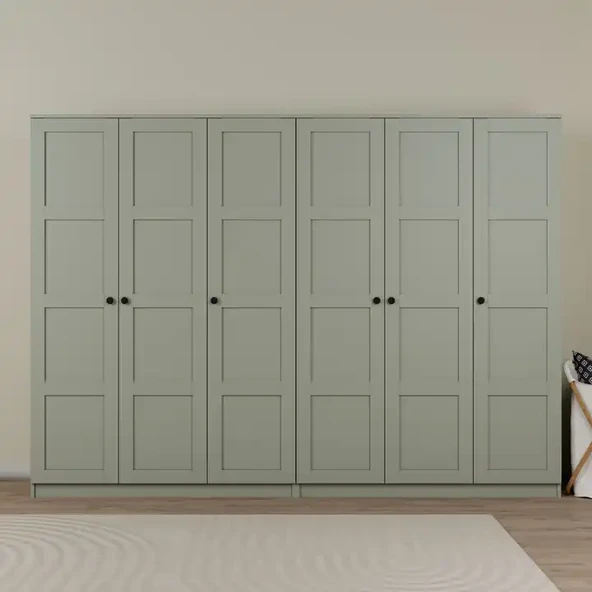 Loren 6 Kapaklı,15 Raf Bölmeli Yüklük & Askılıklı Geniş Elbise Dolabı-Gardırop Yeşil 190x270 cm ürün görseli 1