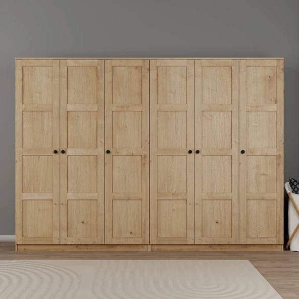 Loren 6 Kapaklı, 12 Raf Bölmeli, Askılıklı Geniş Elbise Dolabı, Gardırop, Safir Meşe 190X270 ürün görseli 1