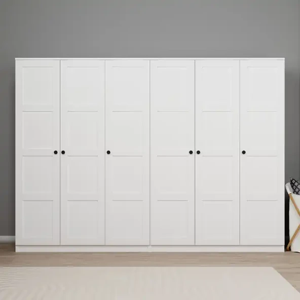 Loren 6 Kapaklı, 12 Raf Bölmeli, Askılıklı Geniş Elbise Dolabı, Gardırop, Beyaz 190X270 ürün görseli 1