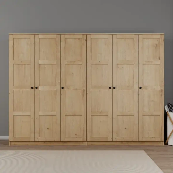 Loren 6 Kapaklı,15 Raf Bölmeli Yüklük & Askılıklı Geniş Elbise Dolabı-Gardırop Safir Meşe 190x270 cm ürün görseli 1