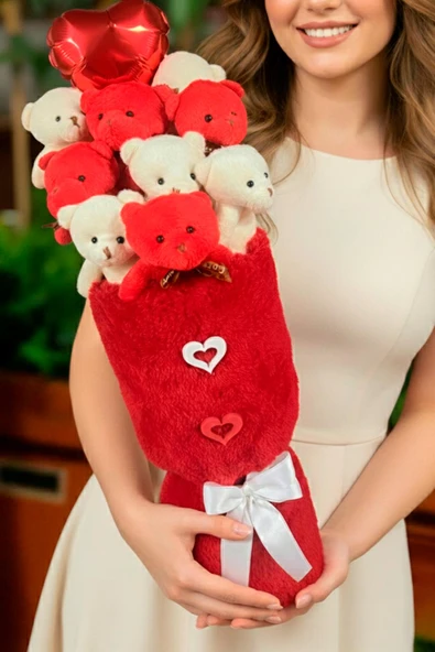 Kadınlar Gününe ÖZEL: Deluxe Kırmızı-Beyaz Peluş Ayıcık Kalp Balonlu Peluş Vazo Tasarımlı Ayıcık Buketi ürün görseli 1