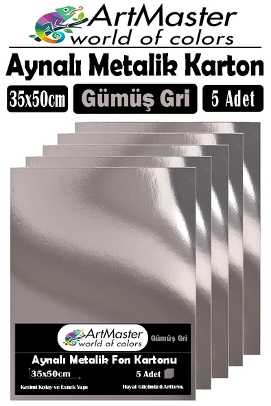 Gümüş Gri Renkli 35x50 Metalik Aynalı Fon Kartonu 5 Adet 1 Paket ArtMaster Metalik Aynalı Fon Kartonu ürün görseli 1