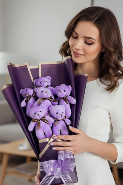 Kadınlar Gününe ÖZEL: Premium 6 Yumoş  Mor Peluş Ayıcık Buketi- Doğum Günü, Özel Gün - Eşe, Sevgiliye HEDİYE ürün görseli 1