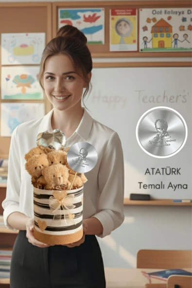 Öğretmen'e ÖZEL : Atatürk Temalı Aynası ile, Premium Kutuda, Kalpli Balonlu 6’lı Boz Ayıcık Buketi - Öğretmenler Günü Hediyesi ürün görseli 1