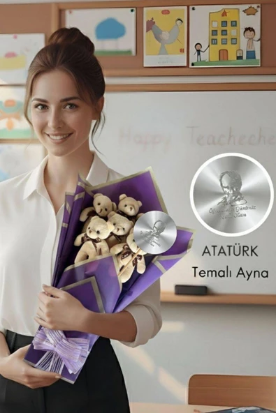 Öğretmen'e Hediye: Atatürk Temalı Aynasıyla 6’lı Mor Ayıcık Buketi-24 Kasım Öğretmenler Günü Hediyesi, Sınıf Öğretmenine Hediye ürün görseli 1