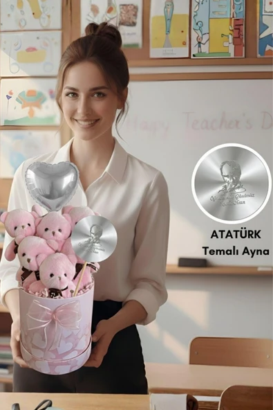 Öğretmen'e Hediye: Atatürk Temalı Aynalı Pembe Kalpli Kutuda, Kalpli Balonlu 6’lı Pembe Ayıcık Buketi - 24 Kasım Öğretmenler Günü Hediyesi ürün görseli 1