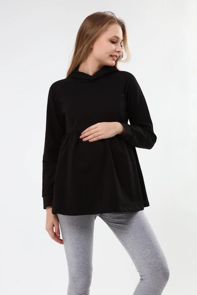 Luvmabelly MYRA4531 Büzgülü Fermuarlı Emzirme Sweatshirt -Siyah ürün görseli 1