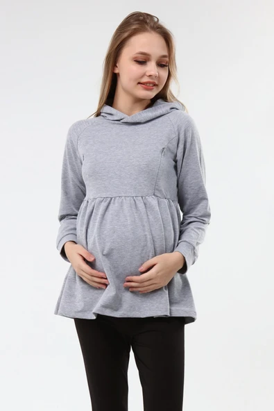 Luvmabelly MYRA4530 Büzgülü Fermuarlı Emzirme Sweatshirt -Gri ürün görseli 1
