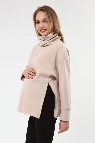 Luvmabelly MYRA4283 Fermuarlı Hamile Sweatshirt -Bej ürün görseli 1
