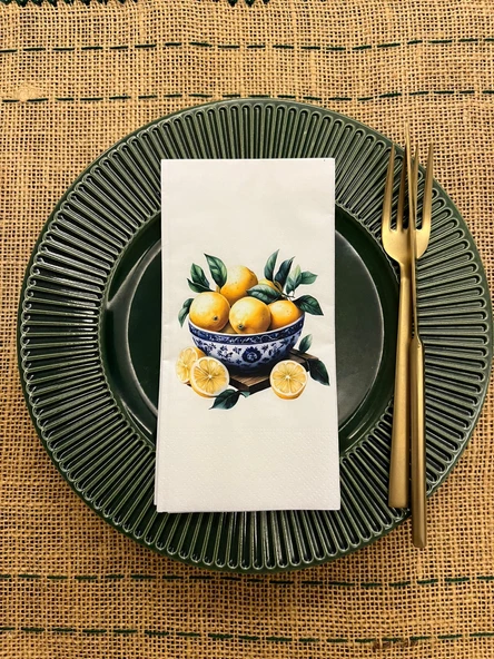Mavi Beyaz Kase Limon Baskılı Sunum Peçetesi Beyaz 16 Adet ürün görseli 1