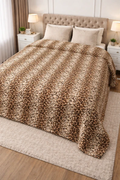 Aksu Safari Çift Kişilik Ultra Yumuşak Embos Vizon Battaniye (200x240)-Leopar Bej ürün görseli 1