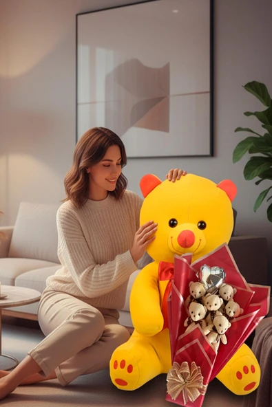Premium 80 cm Peluş Ayı ve Romantik Balonlu Sütlü Kahve Peluş Ayıcık Buketi ürün görseli 1