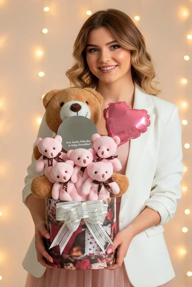 Mesajlı Ayna ve Kalpli Kutuda Kahverengi - Pembe Delüxe Peluş Ayıcık Buketi – Romantik Hediye Seti ürün görseli 1