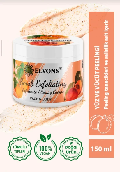 Elvons Scrub, Kayısı Parçacıklı Yüz, Vücut Peeling, Ölü Hücre Temizleme, Malik Asit, Glikolik Asit, 150 m ürün görseli 1