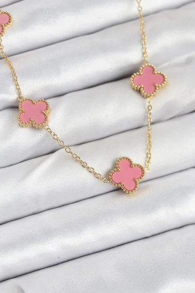 316L Çelik Zincir Gold Pembe Renk Yonca Kadın Kolye TJ-BKO10583 ürün görseli 1