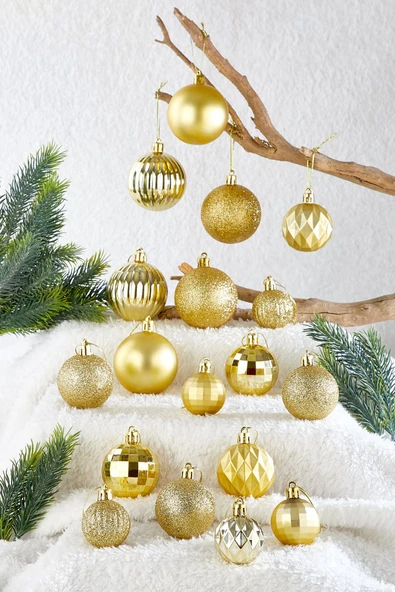 20li Karışık Desenli Yılbaşı Süsü Gold Cici Top ürün görseli 1