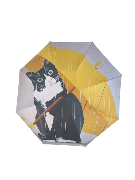 Kedi Desenli Şemsiye Rüzgara Dayanıklı Çanta Boy Bayan Şemsiyesi ürün görseli 1