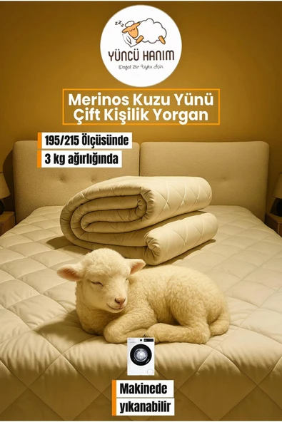 Yüncü Hanım Çift Kişilik Merinos Kuzu Yünü Yorgan (%100 SAF MERİNOS KUZU YÜNÜ) 195 X 215 Cm Ebat, 3000 gram ürün görseli 1
