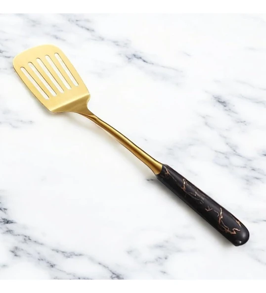 Mermer Desenli Saplı Paslanmaz Çelik Spatula 304 Kalite 18/10 Altın Rengi Servis Sunum Spatulası ürün görseli 1