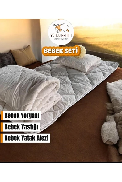 Yüncü Hanım %100 Yün Dolgu Bebek Uyku Seti 3'lü Paket (Yün Yorgan + Yün Alez + Yün Yastık) ürün görseli 1