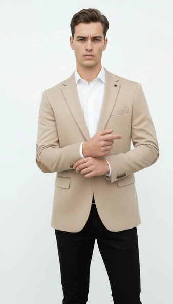 Plus Scorpion Bej Erkek İtalyan Kesim Blazer Ceket – Kol Yamali, Slim Fit, Şık ve Modern Tasarım ürün görseli 1