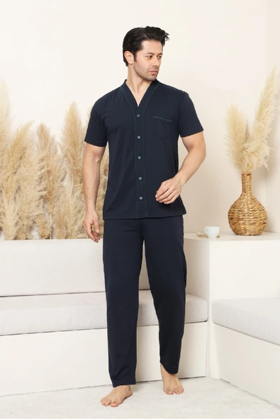 Erkek Boydan Düğmeli %100 Pamuklu Pijama Takımı 12385 ürün görseli 1