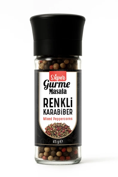 Renkli Karabiber Taneleri 45 gr – Cam Değirmen Kapak – Kırmızı, Yeşil, Beyaz ve Siyah Karabiber Karışımı ürün görseli 1
