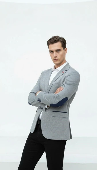 Plus Scorpion Gri Erkek İtalyan Kesim Blazer Ceket – Lacivert Detaylı, Kol Yamali, Slim Fit Şık Tasarım ürün görseli 1