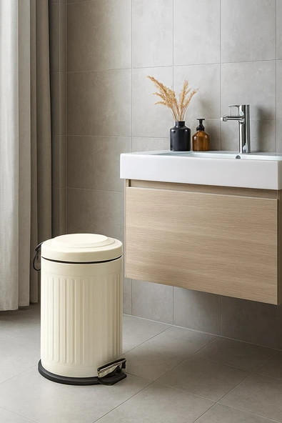 Vintage 12 Lt Yavaş Kapanır Kapaklı Ofis Mutfak Banyo Balkon Çöp Kovası Krem ürün görseli 1