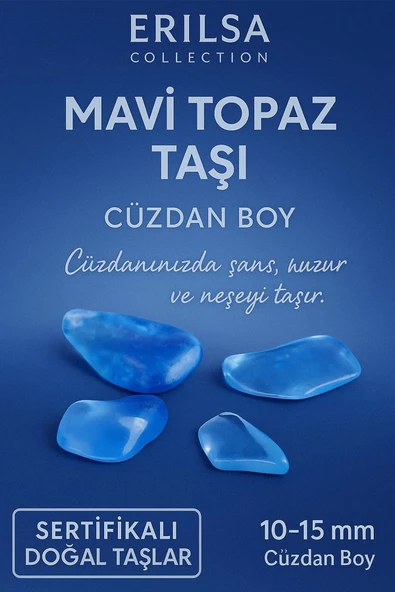 Sertifikalı Mavi Topaz Taşı Kütle 10-15 mm Cüzdan Boy – Şans Neşe ve Huzur Taşı ürün görseli 1