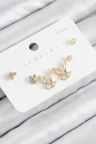 Pirinç Zirkon Taşlı Kelebek Model Gold Renk 925 Ayar Gümüş Çivi Kadın Küpe Set - TJ-BKP11166 ürün görseli 1