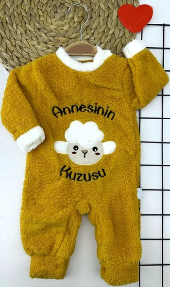 3-6-9-12 Ay Kuzu Tüylü Kumaş Annesinin Kuzusu Nakışlı Alttan Çıtçıtlı Kız Erkek Bebek Tulumu ürün görseli 1
