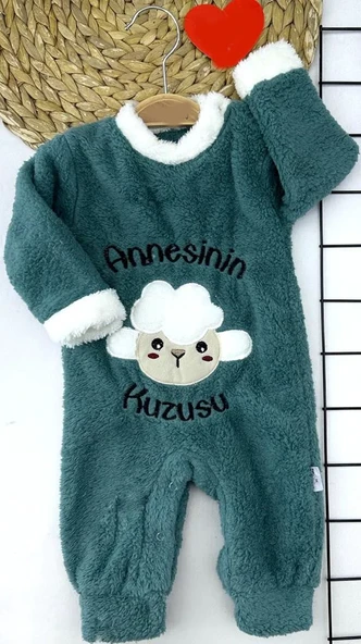 3-6-9-12 Ay Kuzu Tüylü Kumaş Annesinin Kuzusu Nakışlı Alttan Çıtçıtlı Kız Erkek Bebek Tulumu ürün görseli 1