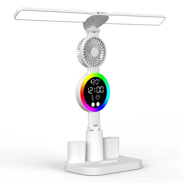 ShopyTech Çift Başlıklı LED Masa Lambası Fanlı Dijital Saatli RGB Ambiyans Dokunmatik Type-C Şarjlı ürün görseli 1
