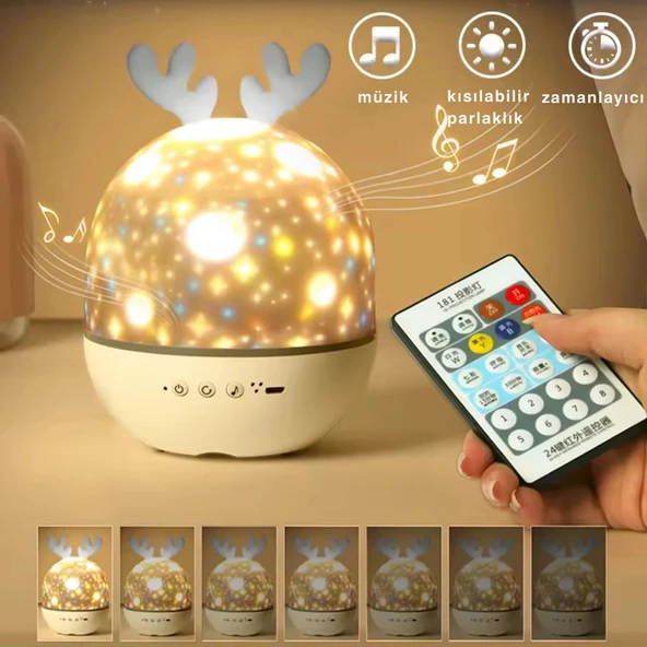 ShopyTech Bluetooth Hoparlörlü Yıldızlı Gece Lambası Projektör Geyik Boynuzlu Döner Işık Uzaktan Kumandalı  Zamanlayıcı ürün görseli 1